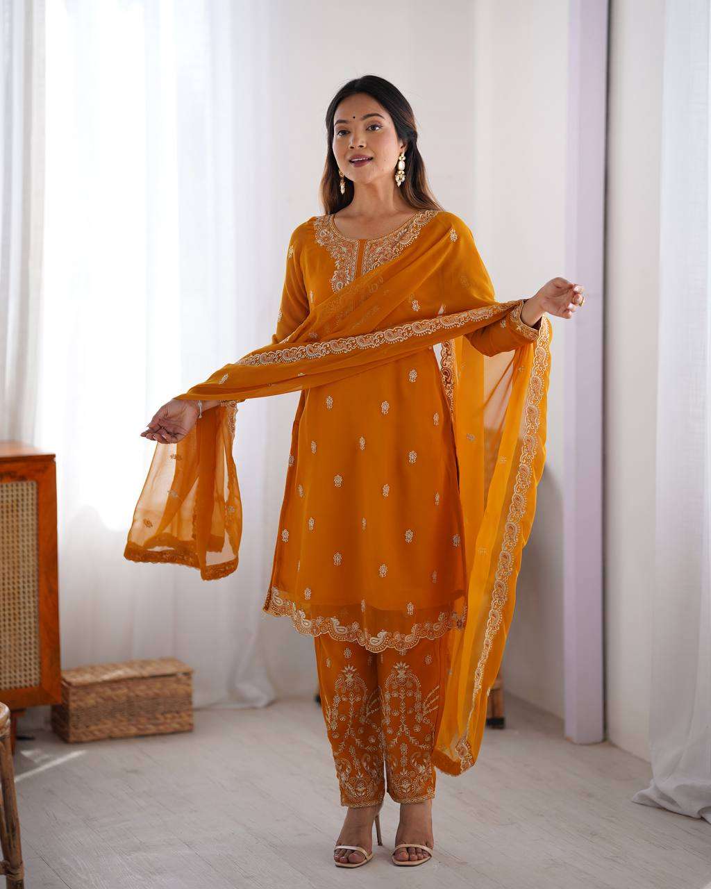Women's Georgette Embroidery Straight Kurti with Pant And Dupatta Set - Image 10