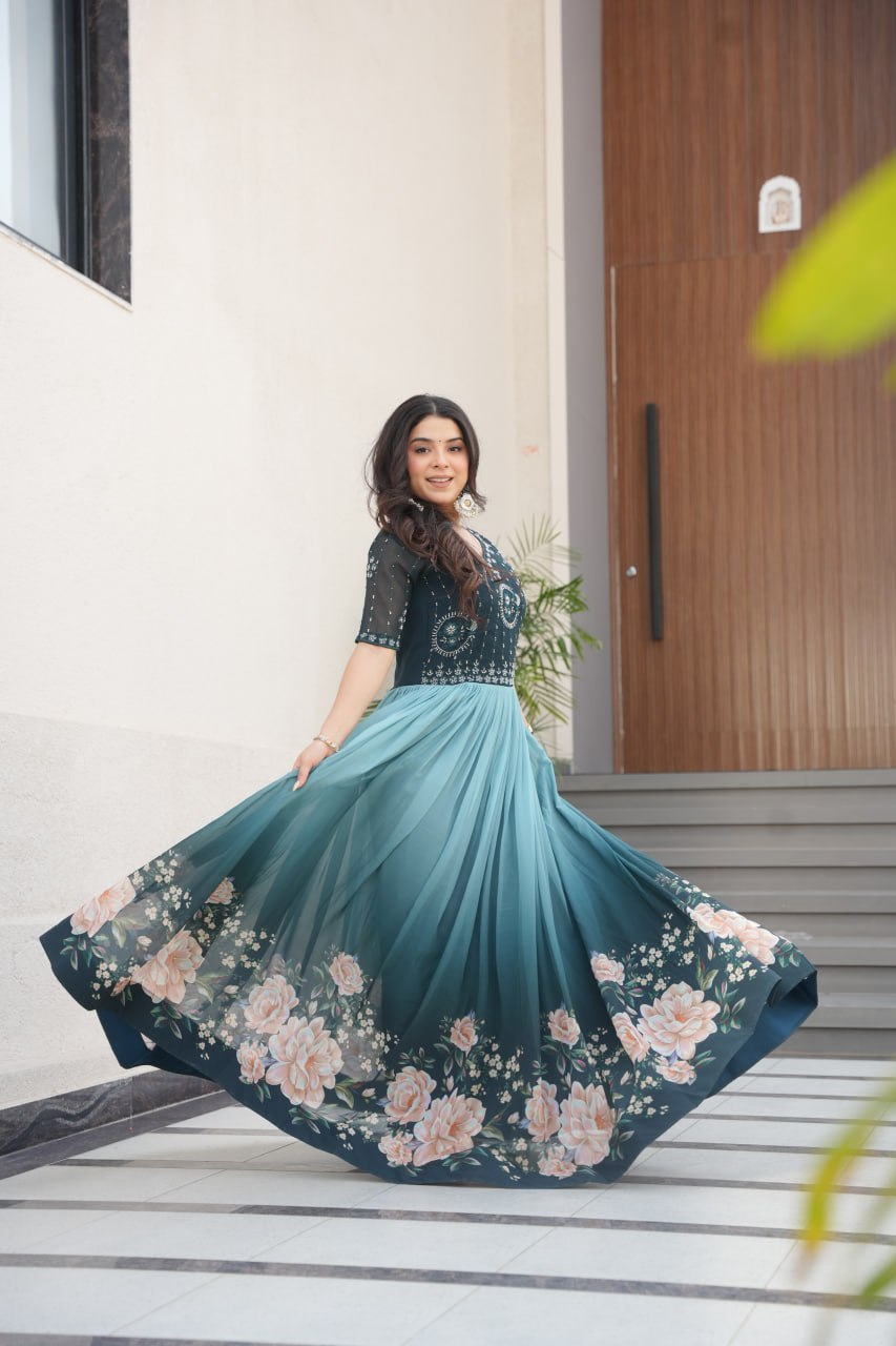 Women's Elegant Teal & Aqua Ombre Gown with Floral Printed Flair & Embellished Bodice – Perfect for Summer Festivities & Parties